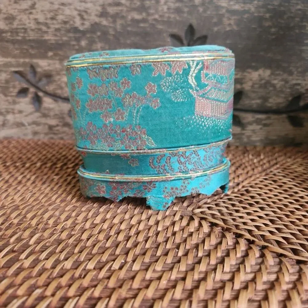 Vintage BaoDing in pedestal case, turquoise & red Chinese Fabric